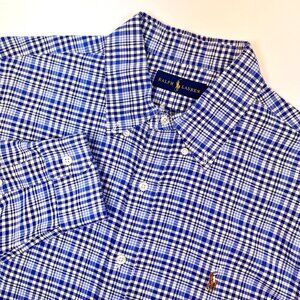 Ralph Lauren Mens Large Navy Blue White Plaid Shirt Long Sleeve Flesh Pony Logo